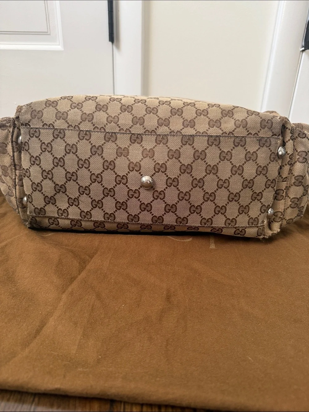 Gucci Brown GG Canvas Diaper Bag with Green and Red Signature Strap